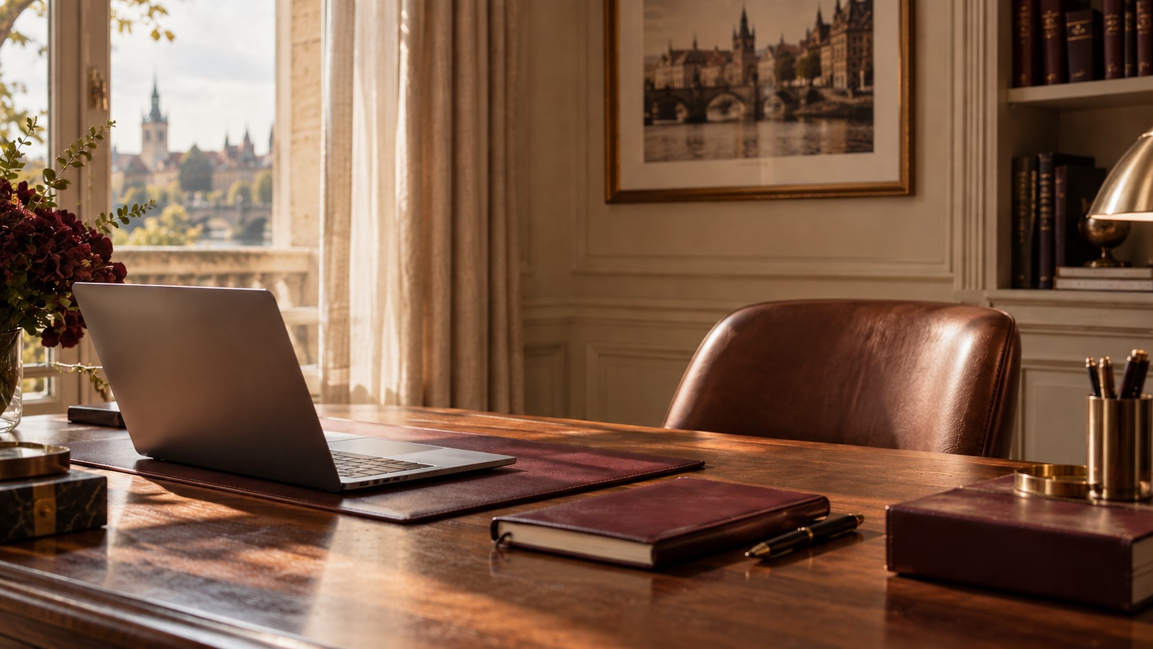 Elegant skrivbord med dator och vinröda detaljer